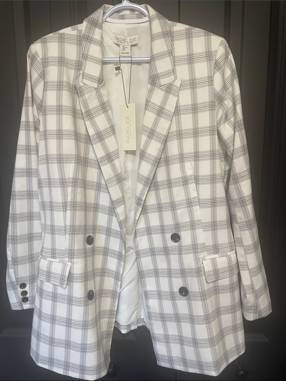 Rachel Zoe White and Gray/ Black Plaid Double-Breasted Blazer